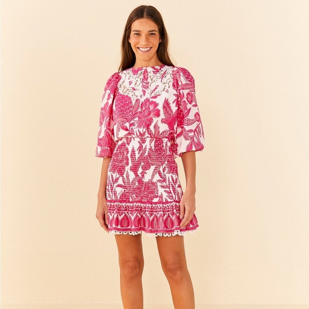 Farm‎ Rio Tropical Woodcut Mini Dress Pink Floral Cotton Smocked